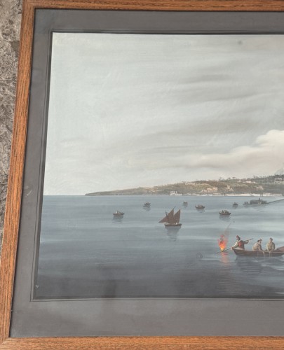  - Grande gouache Napolitaine du XIXe siècle intitulée "il golfo di Napoli di notte" 