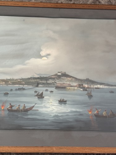 Antiquités - Grande gouache Napolitaine du XIXe siècle intitulée "il golfo di Napoli di notte" 