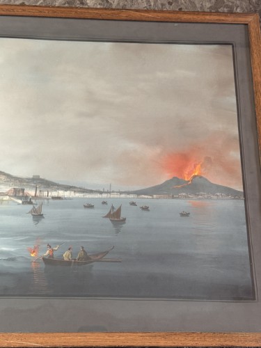 Antiquités - Grande gouache Napolitaine du XIXe siècle intitulée "il golfo di Napoli di notte" 