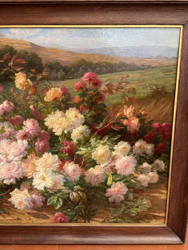 Gabriel Perrin - Nature morte aux fleurs et paysage - Blue Antique - Enzo Gironi 