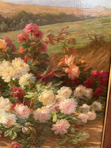 Antiquités - Gabriel Perrin - Nature morte aux fleurs et paysage