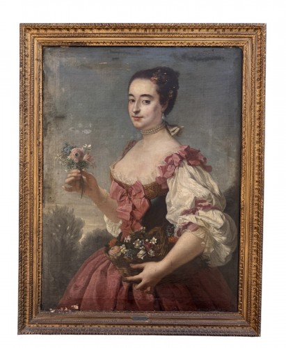 Portrait de dame de qualité à la corbeille de fleurs , Ecole française du XVIIIe siècle