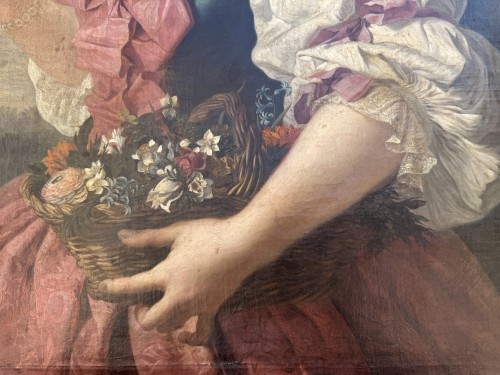 Tableaux et dessins Tableaux XVIIIe siècle - Portrait de dame de qualité à la corbeille de fleurs , Ecole française du XVIIIe siècle