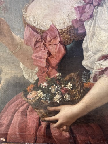 Portrait de dame de qualité à la corbeille de fleurs , Ecole française du XVIIIe siècle - Blue Antique - Enzo Gironi 