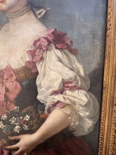 XVIIIe siècle - Portrait de dame de qualité à la corbeille de fleurs , Ecole française du XVIIIe siècle