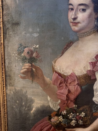 Portrait de dame de qualité à la corbeille de fleurs , Ecole française du XVIIIe siècle - 