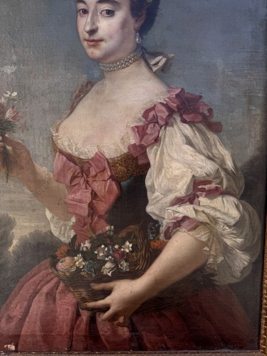  - Portrait de dame de qualité à la corbeille de fleurs , Ecole française du XVIIIe siècle