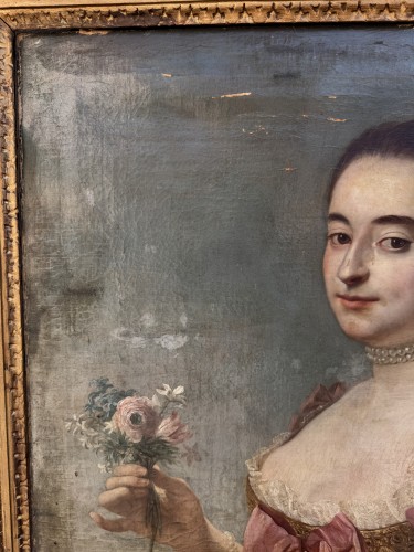 Antiquités - Portrait de dame de qualité à la corbeille de fleurs , Ecole française du XVIIIe siècle