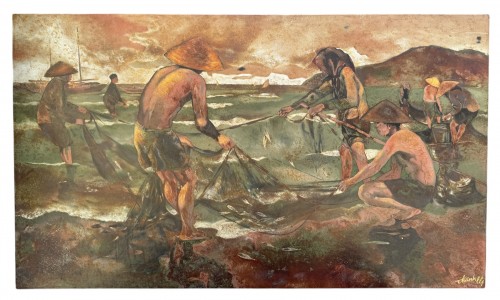 THANH LE né en 1931   - Les Pêcheurs,, panneau de bois en laque