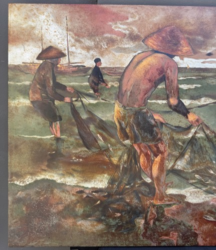 THANH LE né en 1931   - Les Pêcheurs,, panneau de bois en laque - Objet de décoration Style Années 50-60
