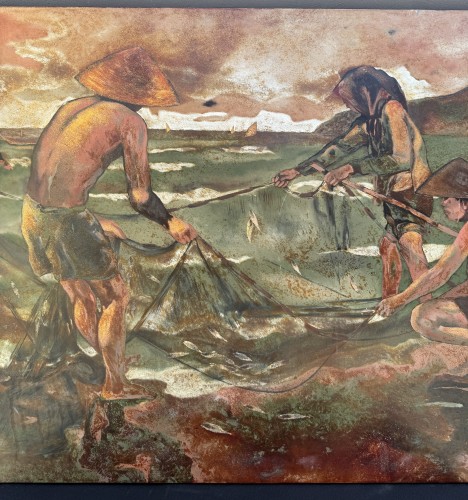 Objet de décoration  - THANH LE né en 1931   - Les Pêcheurs,, panneau de bois en laque