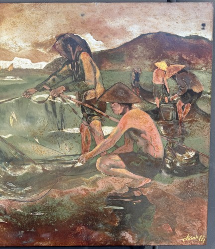 THANH LE né en 1931   - Les Pêcheurs,, panneau de bois en laque - Blue Antique - Enzo Gironi 