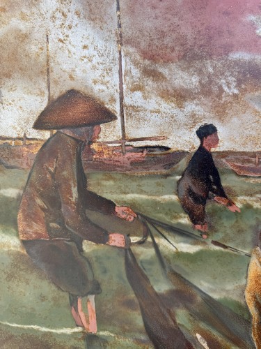 XXe siècle - THANH LE né en 1931   - Les Pêcheurs,, panneau de bois en laque