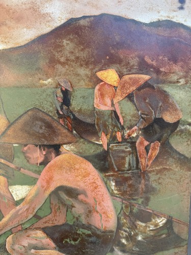 THANH LE né en 1931   - Les Pêcheurs,, panneau de bois en laque - Années 50-60