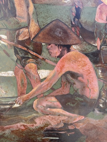 Années 50-60 - THANH LE né en 1931   - Les Pêcheurs,, panneau de bois en laque