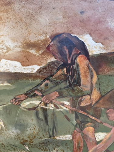 Antiquités - THANH LE né en 1931   - Les Pêcheurs,, panneau de bois en laque