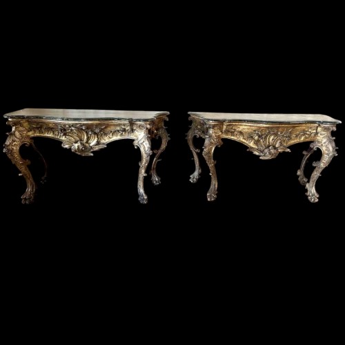 Louis XV - Pair of large 18th century gilt-carved wooden consoles