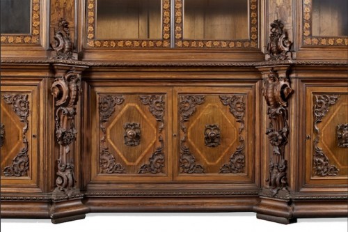 Mobilier Bibliothéque, vitrine - Importante bibliothèque sculptée et marquetée XIXe