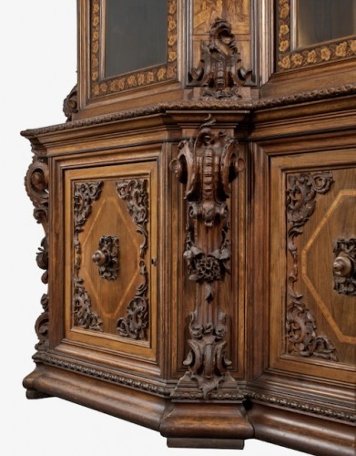 Antiquités - Importante bibliothèque sculptée et marquetée XIXe