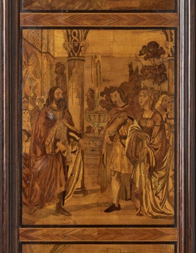 Antiquités - Importante bibliothèque sculptée et marquetée XIXe