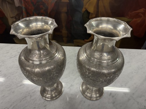  - Large pair of chased silver vases, Iran, early 20th century