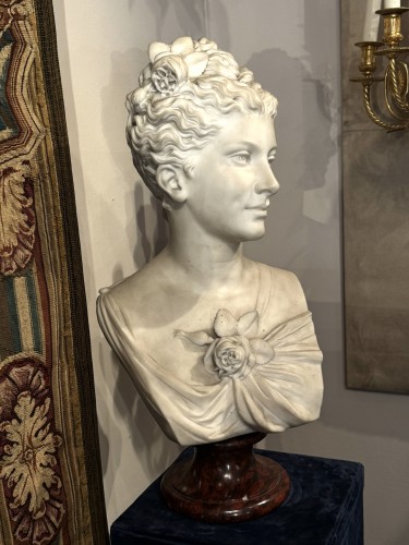 Antiquités - Antonio Giovanni LANZIROTTI (1839-1911) - Buste de jeune femme en marbre blanc