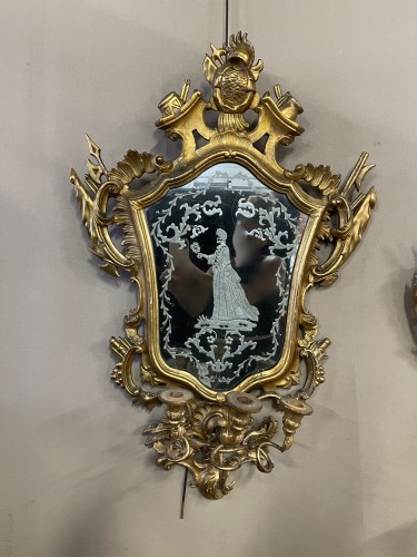 Paire de miroirs d'applique en bois doré, verres gravés, XIXe siècle - Blue Antique - Enzo Gironi 