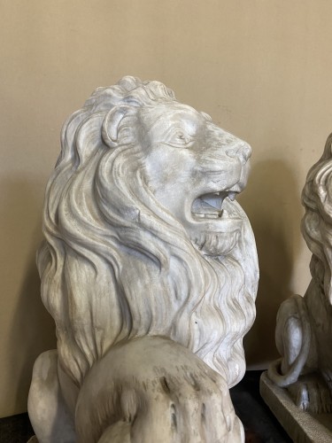 Sculpture Sculpture en Marbre - Paire de lions fin 19e en marbre