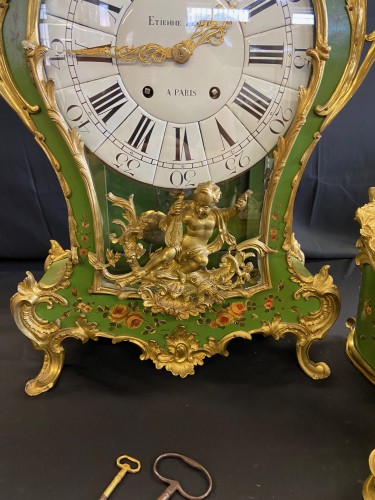 Cartel et sa console d'époque Louis XV, signé " Etienne Lenoir à Paris " - Horlogerie Style 