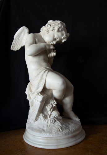 Sculpture Sculpture en Marbre - Putto ailé en marbre blanc statuaire signé "Domenico Pagano" XIXe siècle