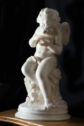 Putto ailé en marbre blanc statuaire signé "Domenico Pagano" XIXe siècle - 