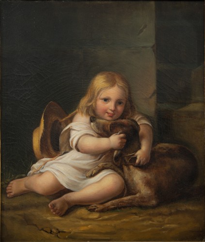 Petite fille avec un chien - A. Lemoine (1809-1839) - Tableaux et dessins Style 