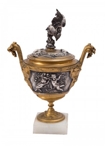 Gilt and silvered bronze cup on alabaster base 