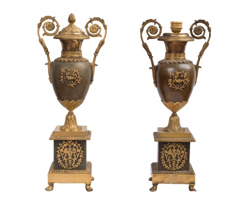 Pair of covered vases forming candleholders, Charles X period