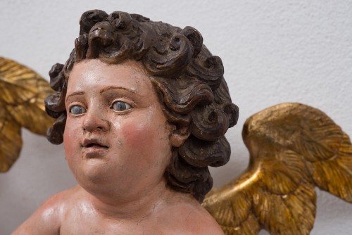 Pair of cherubs in painted wood, Naples 19 century - Religious Antiques Style 