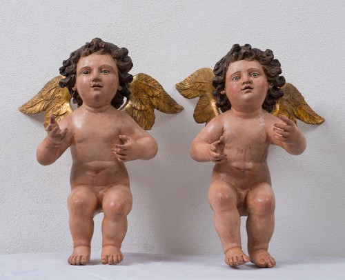 Art sacré, objets religieux  - Paire d'angelots en bois polychromé, Naples 19 siècle