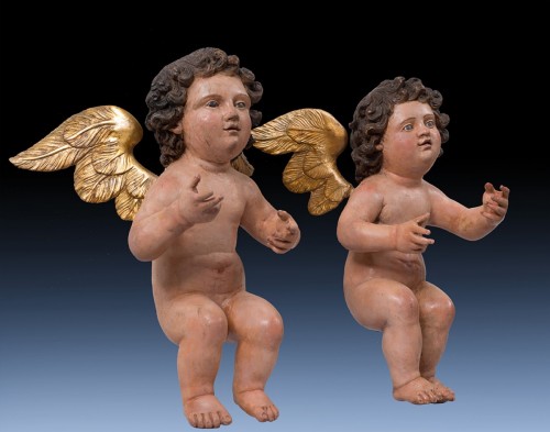 Pair of cherubs in painted wood, Naples 19 century - 