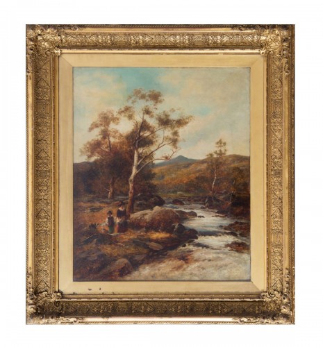 Paysage fluvial animé, France 19e siècle