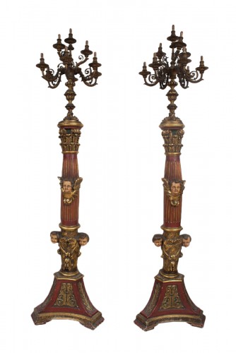 Paire de flambeaux en bois laqué et doré Espagne début XIXe siècle