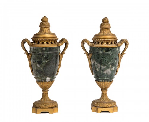 Pair of late 19th century bronze and marble cassolettes