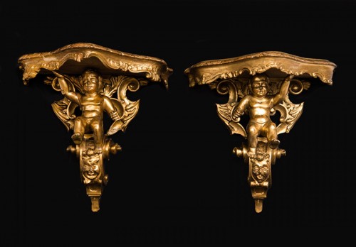 XIXe siècle - Paire de consoles d'appliques génoises en bois doré