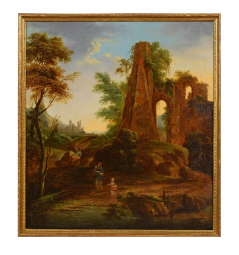 Paysage de ruines et voyageurs, Italie XVIIIe Siècle