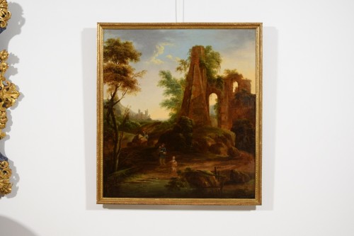 Paysage de ruines et voyageurs, Italie XVIIIe Siècle - Tableaux et dessins Style 