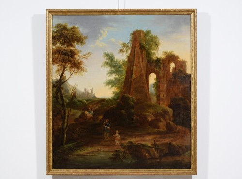 XVIIIe siècle - Paysage de ruines et voyageurs, Italie XVIIIe Siècle