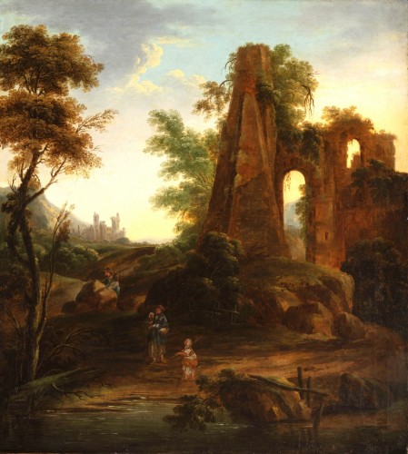 Antiquités - Paysage de ruines et voyageurs, Italie XVIIIe Siècle