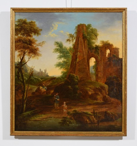 Antiquités - Paysage de ruines et voyageurs, Italie XVIIIe Siècle
