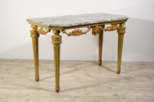 Console néoclassique en bois sculpté, laqué et doré, Italie XVIIIe siècle - Mobilier Style Louis XVI