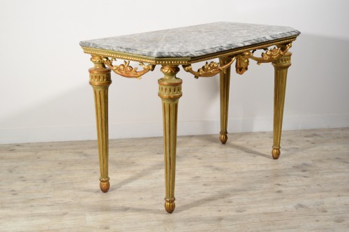 Antiquités - Console néoclassique en bois sculpté, laqué et doré, Italie XVIIIe siècle