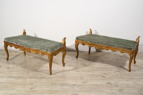 18th Century, Pair of Italian Rococo Carved Giltwood Benches  - Seating Style Louis XV