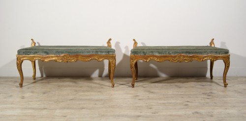 Seating  - 18th Century, Pair of Italian Rococo Carved Giltwood Benches 